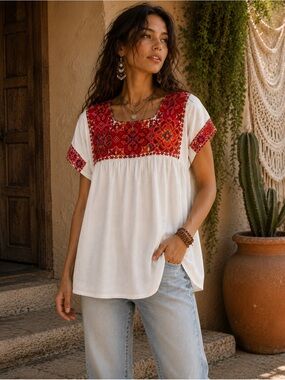 Artisan Embroidered Mexican Folk Blouse | Boho Cotton Peasant Top